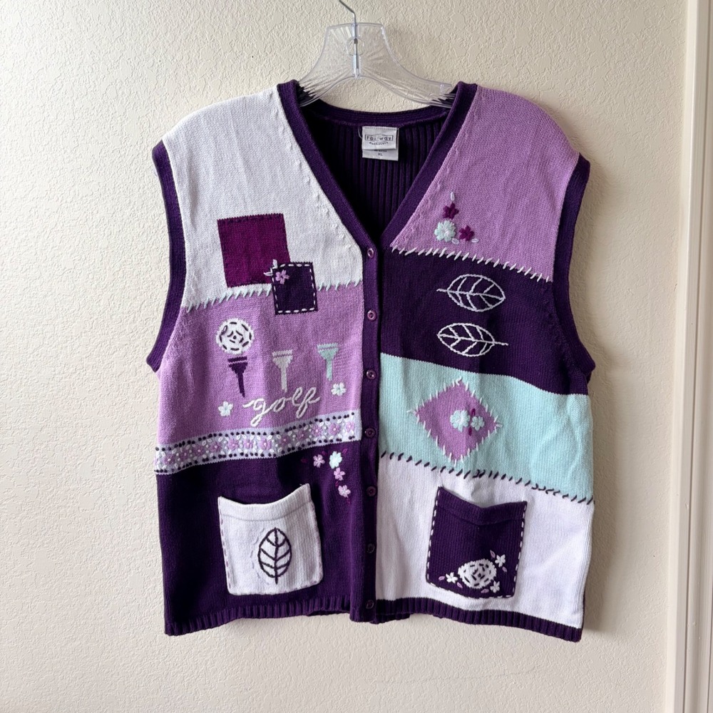 ⁠Vintage Golf Patchwork Sweater Vest Purple XL Fairway Outfitters Grandmacore⁠